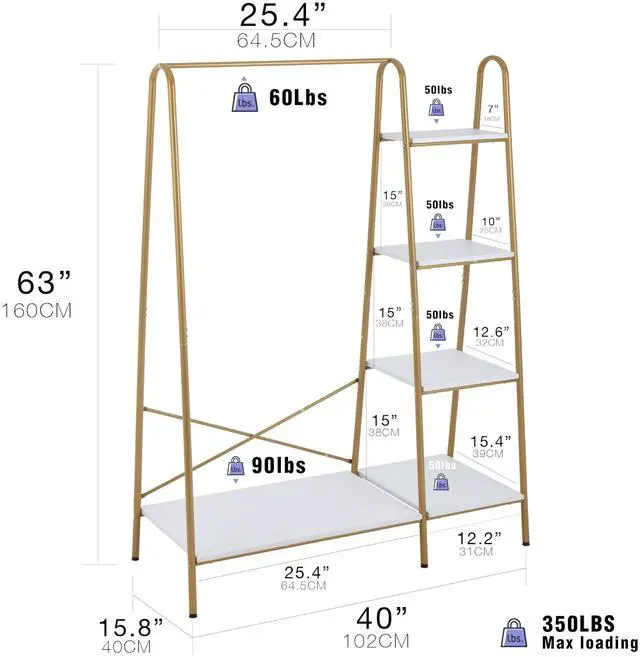 Alt view image 3 of 7 - Finnhomy Clothes Rack, Clothing Rack for Hanging Clothes Heavy Duty Garment Rack with 5 Wood Shelves Freestanding Portable Closet Organizer for Bedroom/Entryway/BoutiquesGold