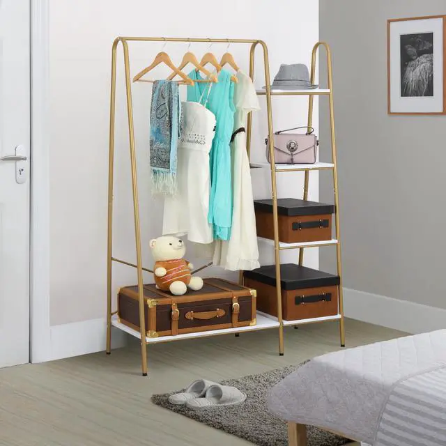 Alt view image 4 of 7 - Finnhomy Clothes Rack, Clothing Rack for Hanging Clothes Heavy Duty Garment Rack with 5 Wood Shelves Freestanding Portable Closet Organizer for Bedroom/Entryway/BoutiquesGold