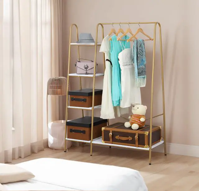 Alt view image 6 of 7 - Finnhomy Clothes Rack, Clothing Rack for Hanging Clothes Heavy Duty Garment Rack with 5 Wood Shelves Freestanding Portable Closet Organizer for Bedroom/Entryway/BoutiquesGold