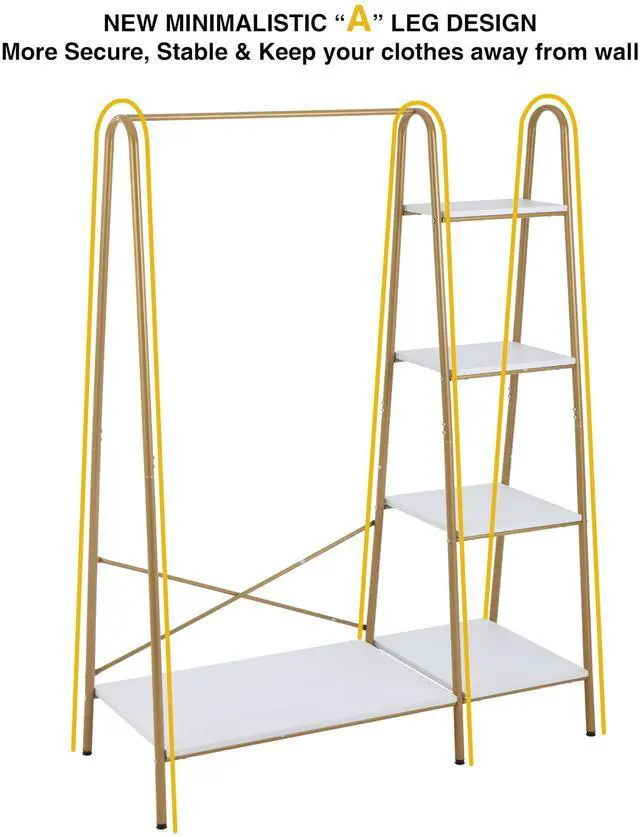 Alt view image 7 of 7 - Finnhomy Clothes Rack, Clothing Rack for Hanging Clothes Heavy Duty Garment Rack with 5 Wood Shelves Freestanding Portable Closet Organizer for Bedroom/Entryway/BoutiquesGold