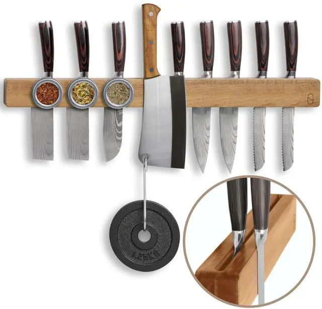 Main image of Premium 24 inch Magnetic Knife Holder for Wall with 2x Storage & Charming Wood - Knife Magnetic Strip, Under Cabinet Magnet Knives Storage - Magnet Strip Rack Kitchen Utensil Holder Organizer Tool