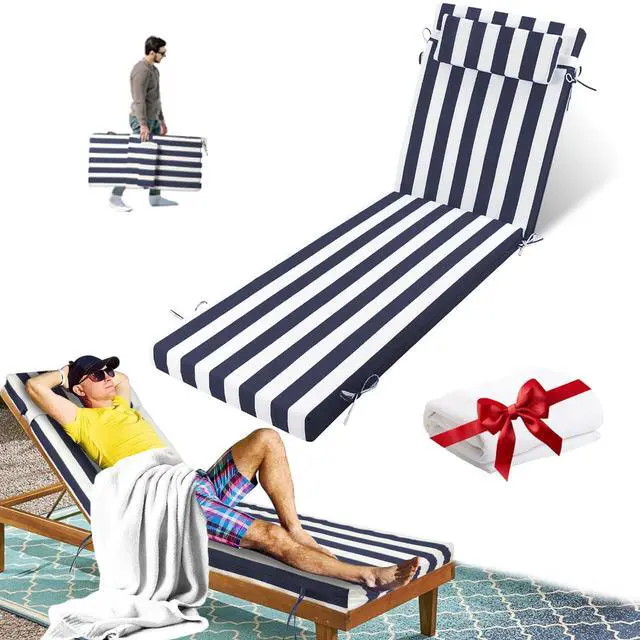 Main image of VEGNIC Outdoor Chaise Lounge Cushion, Waterproof Lounge Chair Cushions, 3 in High-Density Sponge Patio Furniture Chaise Replacement Cushions with Headres for Lawn Pool (Navy Blue White Stripes, 1PCS)