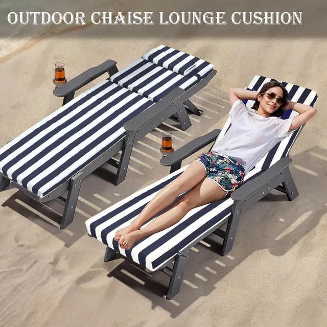 Alt view image 2 of 6 - VEGNIC Outdoor Chaise Lounge Cushion, Waterproof Lounge Chair Cushions, 3 in High-Density Sponge Patio Furniture Chaise Replacement Cushions with Headres for Lawn Pool (Navy Blue White Stripes, 1PCS)