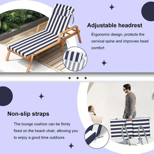 Alt view image 3 of 6 - VEGNIC Outdoor Chaise Lounge Cushion, Waterproof Lounge Chair Cushions, 3 in High-Density Sponge Patio Furniture Chaise Replacement Cushions with Headres for Lawn Pool (Navy Blue White Stripes, 1PCS)