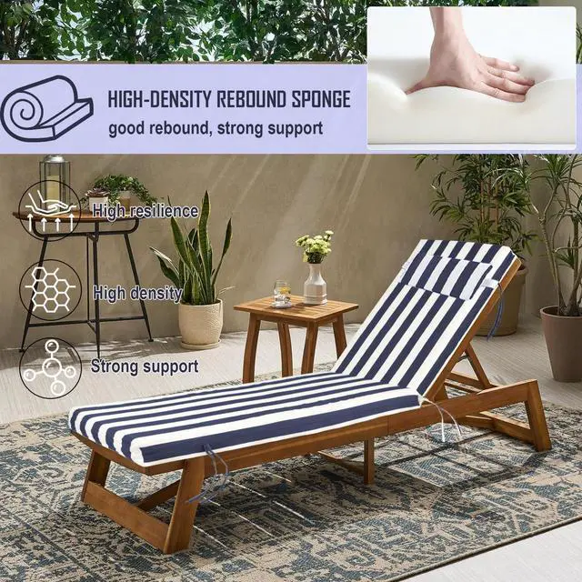 Alt view image 4 of 6 - VEGNIC Outdoor Chaise Lounge Cushion, Waterproof Lounge Chair Cushions, 3 in High-Density Sponge Patio Furniture Chaise Replacement Cushions with Headres for Lawn Pool (Navy Blue White Stripes, 1PCS)
