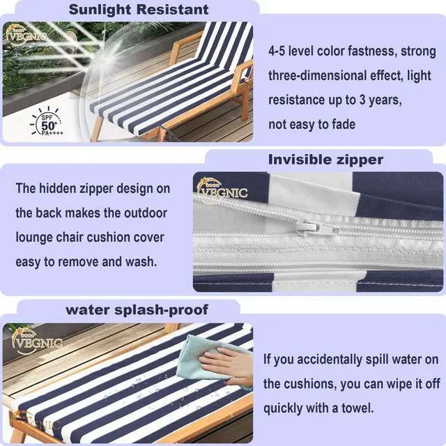 Alt view image 6 of 6 - VEGNIC Outdoor Chaise Lounge Cushion, Waterproof Lounge Chair Cushions, 3 in High-Density Sponge Patio Furniture Chaise Replacement Cushions with Headres for Lawn Pool (Navy Blue White Stripes, 1PCS)