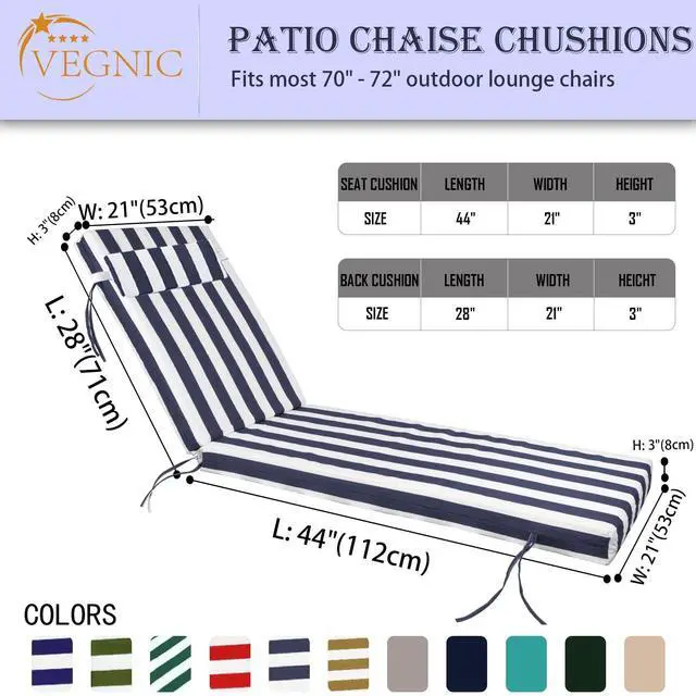 Alt view image 5 of 6 - VEGNIC Outdoor Chaise Lounge Cushion, Waterproof Lounge Chair Cushions, 3 in High-Density Sponge Patio Furniture Chaise Replacement Cushions with Headres for Lawn Pool (Navy Blue White Stripes, 1PCS)