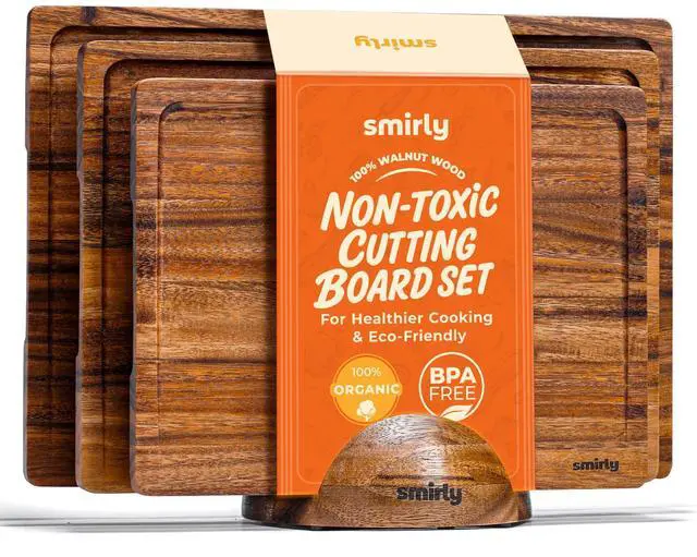 Main image of SMIRLY Walnut Cutting Board for Kitchen - Wood Cutting Boards with Handle and Juice Groove for Meal Prep, Serving, Charcuterie - Kitchen Gadgets - Non Toxic Wooden Chopping Board Set of 3 with Holder