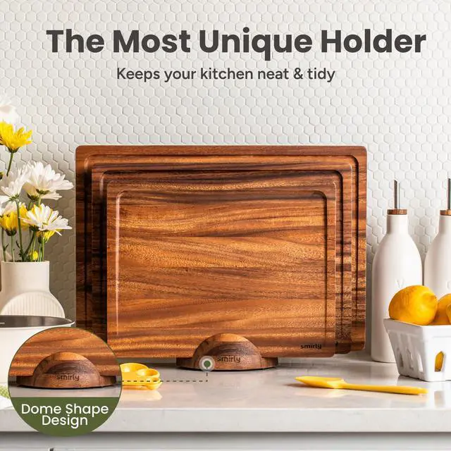 Alt view image 4 of 7 - SMIRLY Walnut Cutting Board for Kitchen - Wood Cutting Boards with Handle and Juice Groove for Meal Prep, Serving, Charcuterie - Kitchen Gadgets - Non Toxic Wooden Chopping Board Set of 3 with Holder