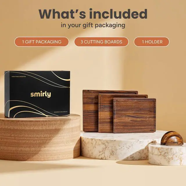 Alt view image 7 of 7 - SMIRLY Walnut Cutting Board for Kitchen - Wood Cutting Boards with Handle and Juice Groove for Meal Prep, Serving, Charcuterie - Kitchen Gadgets - Non Toxic Wooden Chopping Board Set of 3 with Holder