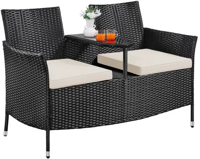 Main image of Yaheetech Patio Loveseat, Outdoor Wicker Double Chair w/Side Table, PE Rattan Furniture Set for Two People, Love Seat w/2 Removable Cushions & 1 Tempered Glass Side Table, Black/Beige