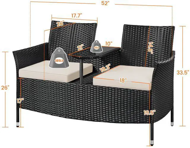 Alt view image 3 of 7 - Yaheetech Patio Loveseat, Outdoor Wicker Double Chair w/Side Table, PE Rattan Furniture Set for Two People, Love Seat w/2 Removable Cushions & 1 Tempered Glass Side Table, Black/Beige