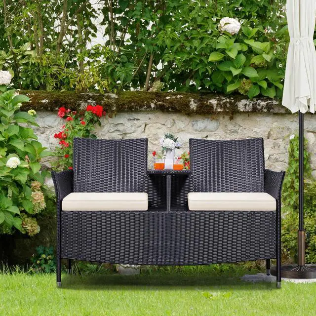Alt view image 2 of 7 - Yaheetech Patio Loveseat, Outdoor Wicker Double Chair w/Side Table, PE Rattan Furniture Set for Two People, Love Seat w/2 Removable Cushions & 1 Tempered Glass Side Table, Black/Beige