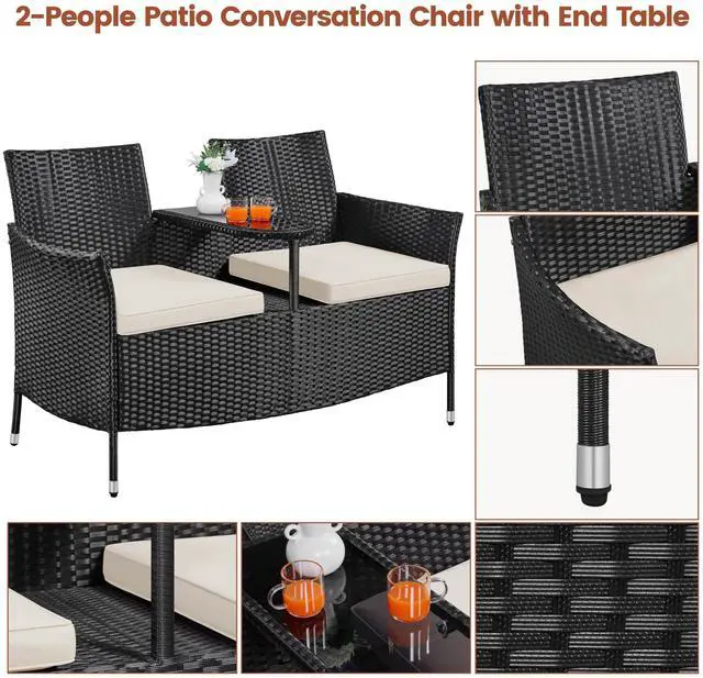 Alt view image 4 of 7 - Yaheetech Patio Loveseat, Outdoor Wicker Double Chair w/Side Table, PE Rattan Furniture Set for Two People, Love Seat w/2 Removable Cushions & 1 Tempered Glass Side Table, Black/Beige