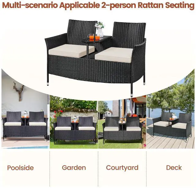 Alt view image 6 of 7 - Yaheetech Patio Loveseat, Outdoor Wicker Double Chair w/Side Table, PE Rattan Furniture Set for Two People, Love Seat w/2 Removable Cushions & 1 Tempered Glass Side Table, Black/Beige