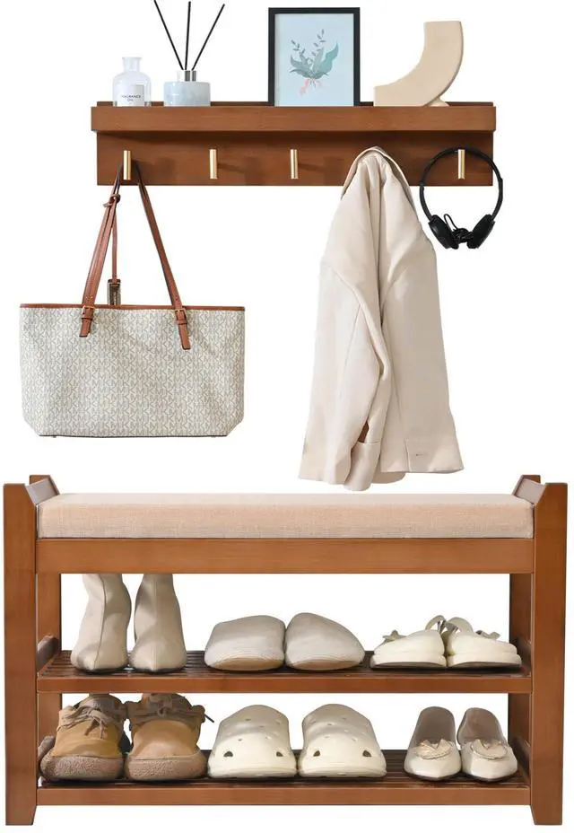 Main image of PETKABOO Shoe Rack for Front Door Entrance, 28 Entryway Bench with Coat Rack, Hall Tree Shoe Bench with Storage for Entry, Hallway, Bedroom, Living Room