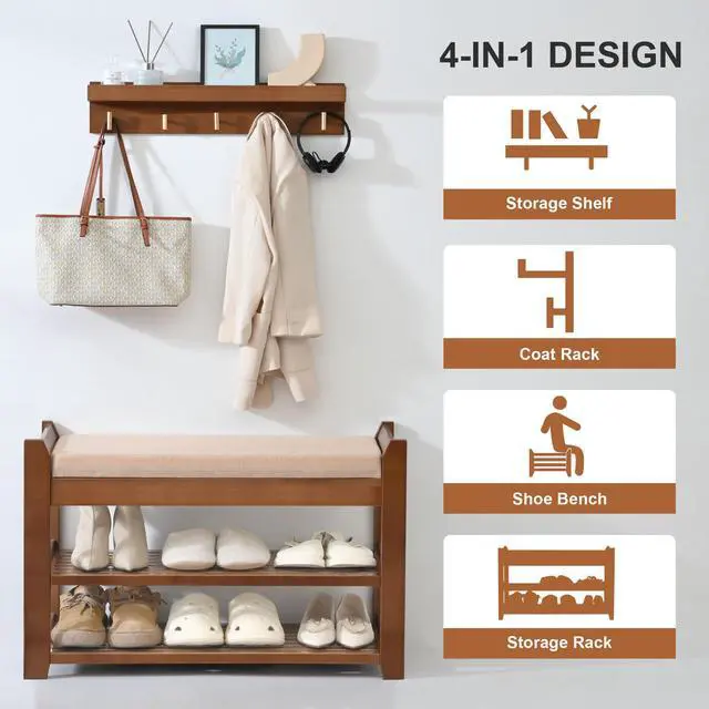 Alt view image 2 of 7 - PETKABOO Shoe Rack for Front Door Entrance, 28 Entryway Bench with Coat Rack, Hall Tree Shoe Bench with Storage for Entry, Hallway, Bedroom, Living Room