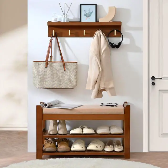 Alt view image 6 of 7 - PETKABOO Shoe Rack for Front Door Entrance, 28 Entryway Bench with Coat Rack, Hall Tree Shoe Bench with Storage for Entry, Hallway, Bedroom, Living Room