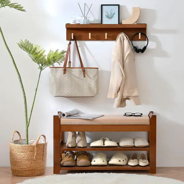 Alt view image 7 of 7 - PETKABOO Shoe Rack for Front Door Entrance, 28 Entryway Bench with Coat Rack, Hall Tree Shoe Bench with Storage for Entry, Hallway, Bedroom, Living Room
