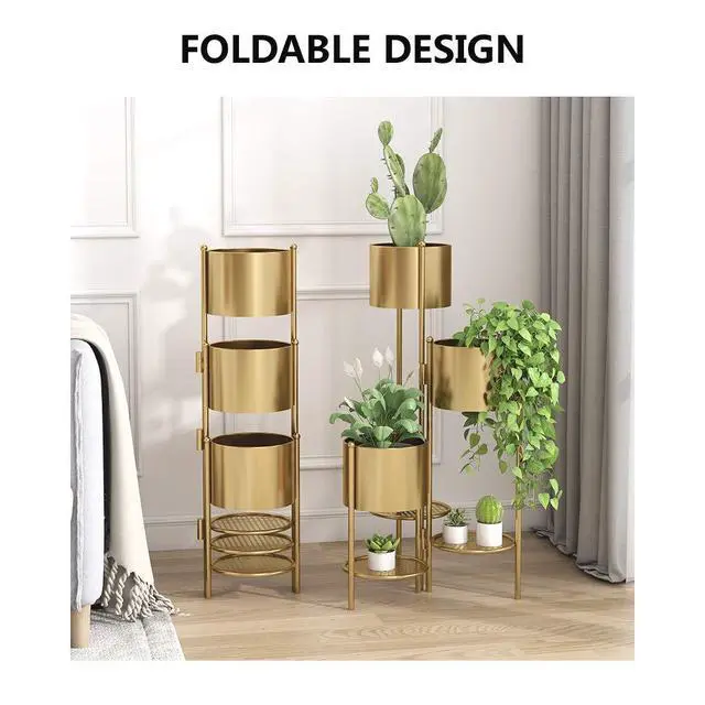 Alt view image 4 of 5 - AISUNDY Metal Plant Stand, 6 Tier 6 Potted Indoor Gold Flower Pot Stand Holder Shelf, Foldable Decorative Display Rack for Multiple Potted Plants, Patio Garden, Living Room, Corner Balcony & Bedroom
