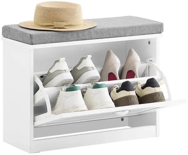 Main image of Haotian Small Shoe Storage Bench with Cushion, White Narrow Shoe Rack for Entryway, Small Shoe Cabinet with 2 Tiers Flip-Drawer, FSR195-K-W
