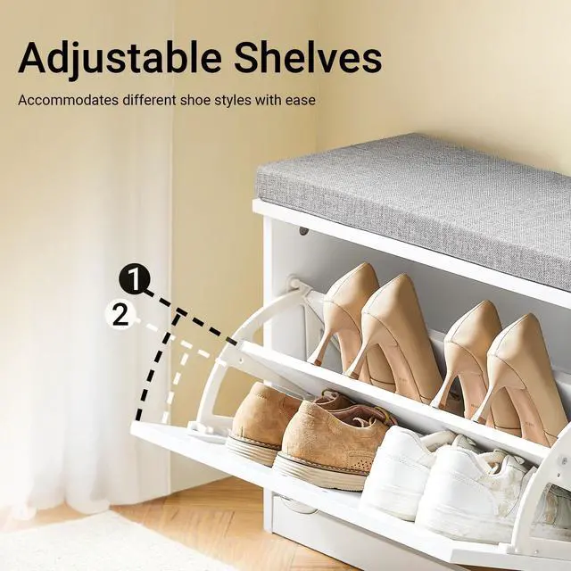 Alt view image 3 of 7 - Haotian Small Shoe Storage Bench with Cushion, White Narrow Shoe Rack for Entryway, Small Shoe Cabinet with 2 Tiers Flip-Drawer, FSR195-K-W