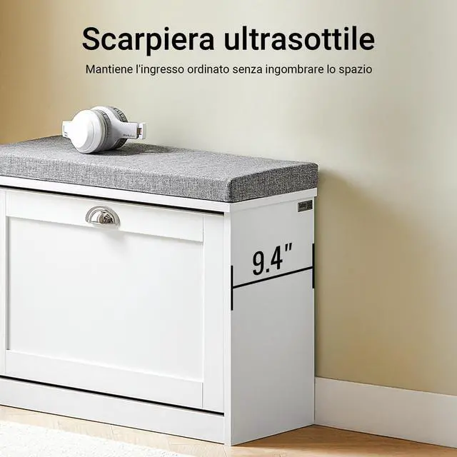 Alt view image 4 of 7 - Haotian Small Shoe Storage Bench with Cushion, White Narrow Shoe Rack for Entryway, Small Shoe Cabinet with 2 Tiers Flip-Drawer, FSR195-K-W