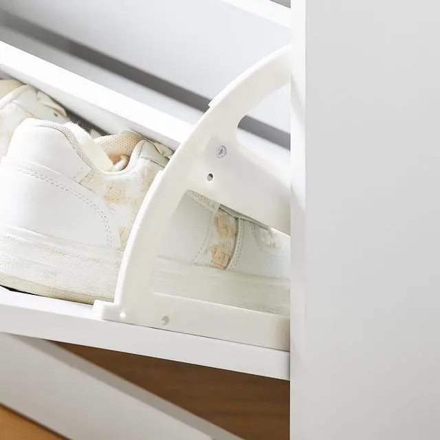 Alt view image 6 of 7 - Haotian Small Shoe Storage Bench with Cushion, White Narrow Shoe Rack for Entryway, Small Shoe Cabinet with 2 Tiers Flip-Drawer, FSR195-K-W