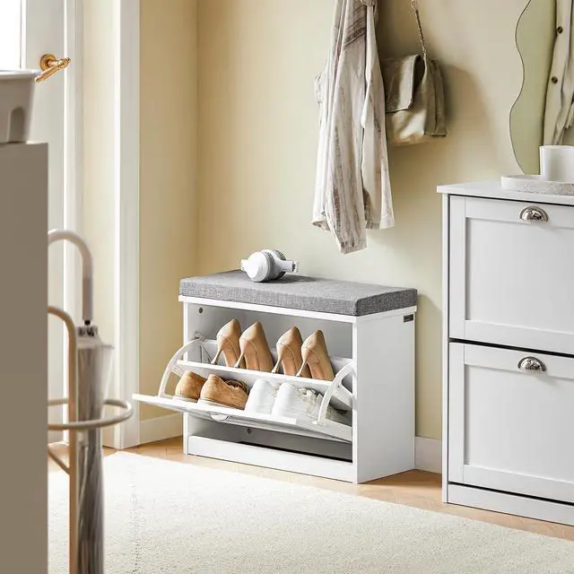 Alt view image 7 of 7 - Haotian Small Shoe Storage Bench with Cushion, White Narrow Shoe Rack for Entryway, Small Shoe Cabinet with 2 Tiers Flip-Drawer, FSR195-K-W