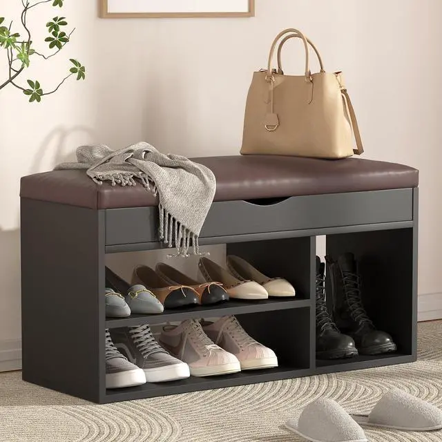 Main image of Apicizon Entryway Bench with Shoe Storage, Black, 2-Tier Shoe Rack, Padded Cushion, Wooden Frame
