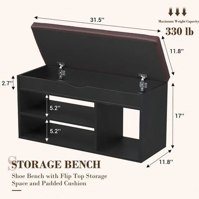Alt view image 2 of 7 - Apicizon Entryway Bench with Shoe Storage, Black, 2-Tier Shoe Rack, Padded Cushion, Wooden Frame