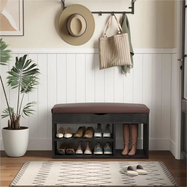 Alt view image 3 of 7 - Apicizon Entryway Bench with Shoe Storage, Black, 2-Tier Shoe Rack, Padded Cushion, Wooden Frame