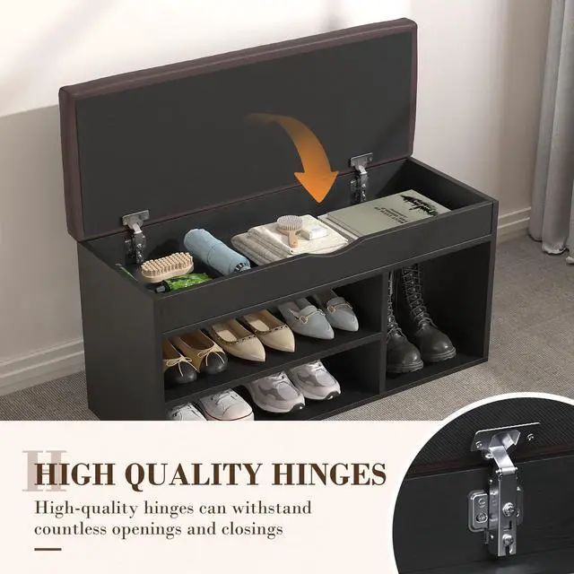 Alt view image 4 of 7 - Apicizon Entryway Bench with Shoe Storage, Black, 2-Tier Shoe Rack, Padded Cushion, Wooden Frame