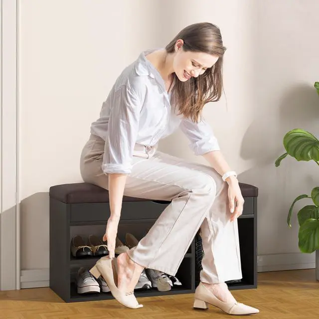 Alt view image 6 of 7 - Apicizon Entryway Bench with Shoe Storage, Black, 2-Tier Shoe Rack, Padded Cushion, Wooden Frame