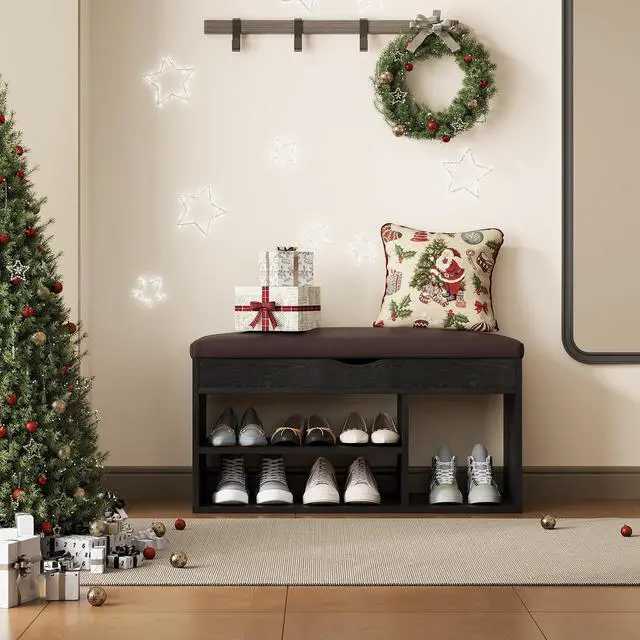 Alt view image 7 of 7 - Apicizon Entryway Bench with Shoe Storage, Black, 2-Tier Shoe Rack, Padded Cushion, Wooden Frame