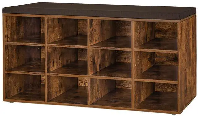 Main image of DINZI LVJ Shoe Storage Bench with Cushion, Cubby Shoe Rack with 12 Cubbies, Adjustable Shelves, Multifunctional Shoe Organizer Bench for Entryway, Mudroom, Hallway, Closet and Garage, Rustic Brown