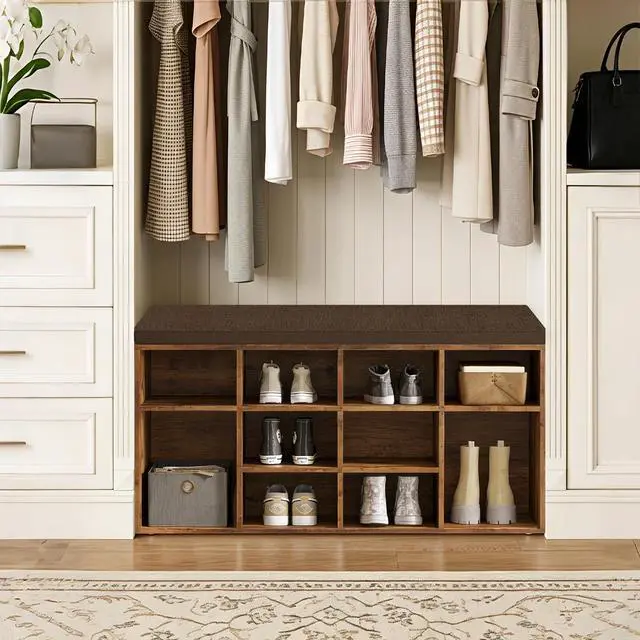 Alt view image 3 of 7 - DINZI LVJ Shoe Storage Bench with Cushion, Cubby Shoe Rack with 12 Cubbies, Adjustable Shelves, Multifunctional Shoe Organizer Bench for Entryway, Mudroom, Hallway, Closet and Garage, Rustic Brown