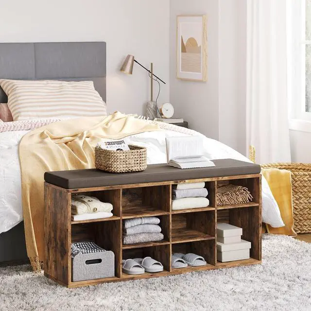 Alt view image 5 of 7 - DINZI LVJ Shoe Storage Bench with Cushion, Cubby Shoe Rack with 12 Cubbies, Adjustable Shelves, Multifunctional Shoe Organizer Bench for Entryway, Mudroom, Hallway, Closet and Garage, Rustic Brown