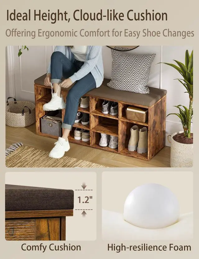 Alt view image 4 of 7 - DINZI LVJ Shoe Storage Bench with Cushion, Cubby Shoe Rack with 12 Cubbies, Adjustable Shelves, Multifunctional Shoe Organizer Bench for Entryway, Mudroom, Hallway, Closet and Garage, Rustic Brown
