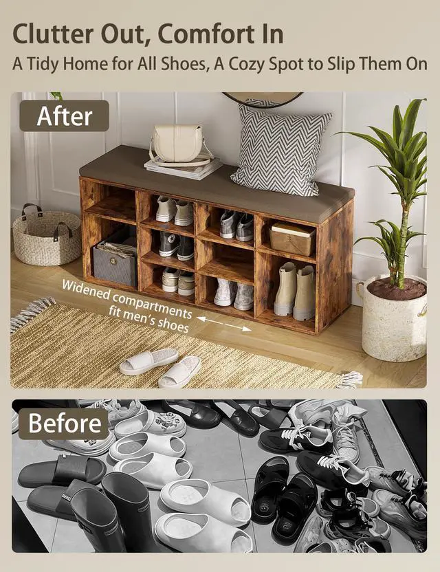 Alt view image 6 of 7 - DINZI LVJ Shoe Storage Bench with Cushion, Cubby Shoe Rack with 12 Cubbies, Adjustable Shelves, Multifunctional Shoe Organizer Bench for Entryway, Mudroom, Hallway, Closet and Garage, Rustic Brown
