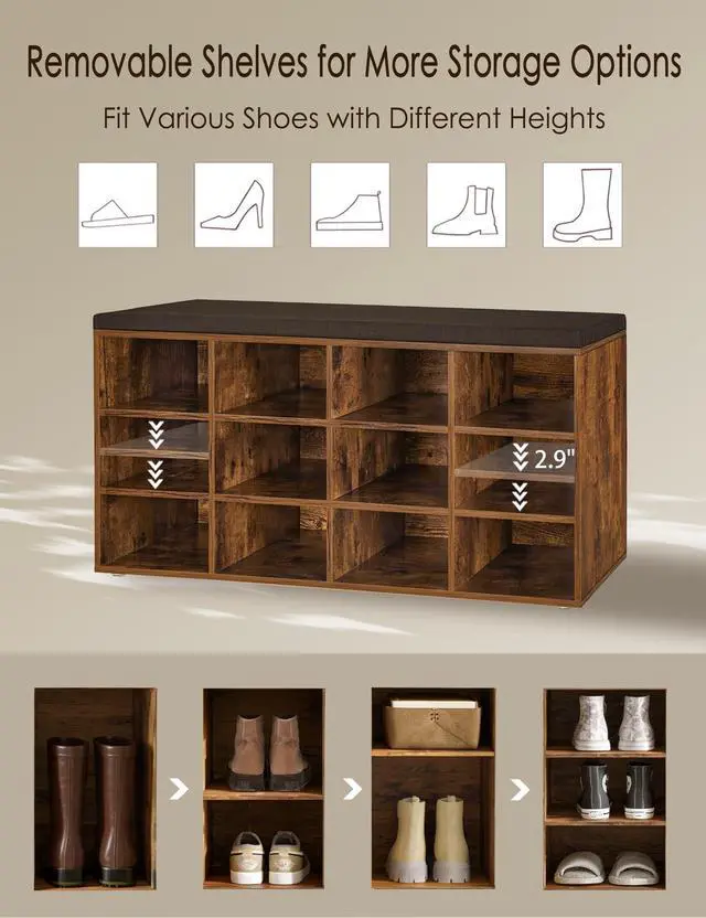 Alt view image 7 of 7 - DINZI LVJ Shoe Storage Bench with Cushion, Cubby Shoe Rack with 12 Cubbies, Adjustable Shelves, Multifunctional Shoe Organizer Bench for Entryway, Mudroom, Hallway, Closet and Garage, Rustic Brown