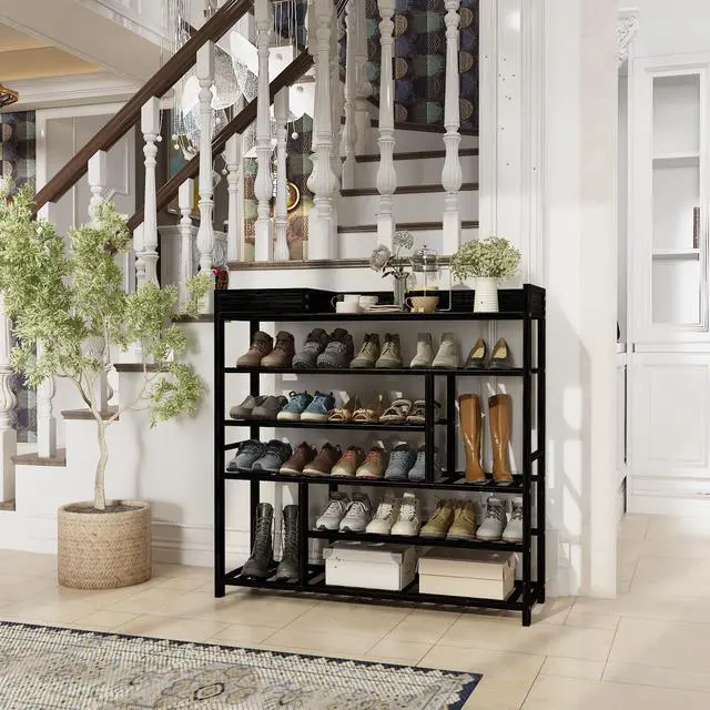 Alt view image 6 of 7 - Bamworld Shoe Rack for Front Door Entrance Bamboo Shoe Organizer with Storage Box Free Standing Shoe Cabinet Shoe Storage Shelf for Entryway, Closet and Doorway (Black)