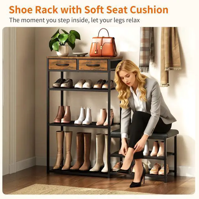 Alt view image 2 of 7 - Shoe Rack for Entryway, 5-Tier Shoe Organizer Bench with Cushioned Seat and 2 Drawers, Metal Frame, Wood Top, Adjustable Feet, Holds 16-20 Pairs, Shoe Shelf Stand for Closet, Hallway, Front Door
