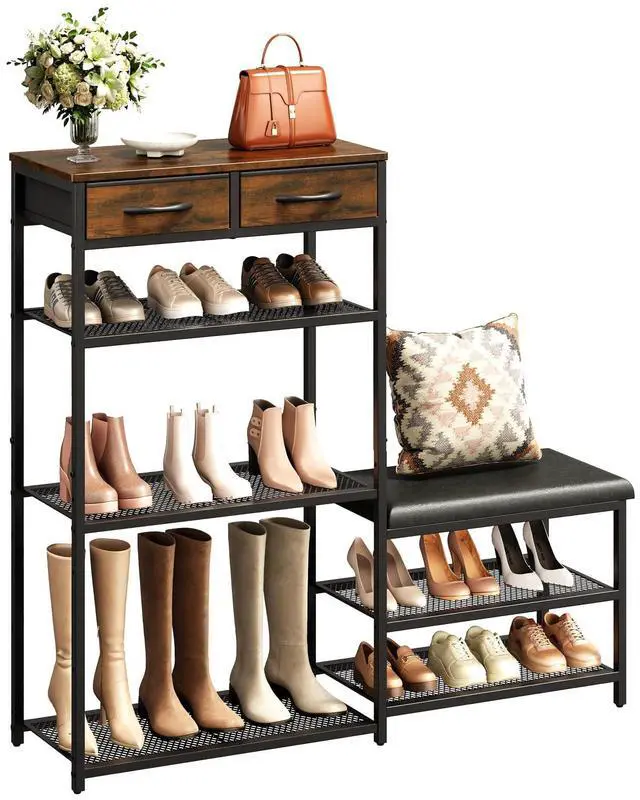 Main image of Shoe Rack for Entryway, 5-Tier Shoe Organizer Bench with Cushioned Seat and 2 Drawers, Metal Frame, Wood Top, Adjustable Feet, Holds 16-20 Pairs, Shoe Shelf Stand for Closet, Hallway, Front Door