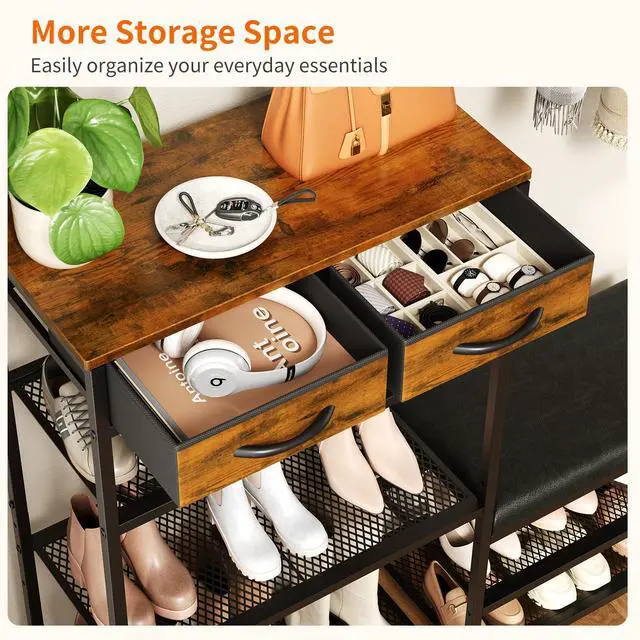 Alt view image 4 of 7 - Shoe Rack for Entryway, 5-Tier Shoe Organizer Bench with Cushioned Seat and 2 Drawers, Metal Frame, Wood Top, Adjustable Feet, Holds 16-20 Pairs, Shoe Shelf Stand for Closet, Hallway, Front Door