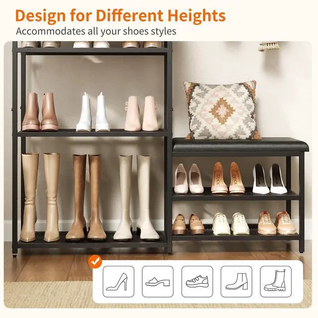 Alt view image 5 of 7 - Shoe Rack for Entryway, 5-Tier Shoe Organizer Bench with Cushioned Seat and 2 Drawers, Metal Frame, Wood Top, Adjustable Feet, Holds 16-20 Pairs, Shoe Shelf Stand for Closet, Hallway, Front Door