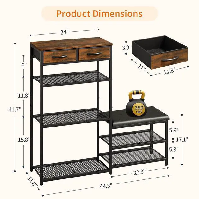 Alt view image 3 of 7 - Shoe Rack for Entryway, 5-Tier Shoe Organizer Bench with Cushioned Seat and 2 Drawers, Metal Frame, Wood Top, Adjustable Feet, Holds 16-20 Pairs, Shoe Shelf Stand for Closet, Hallway, Front Door