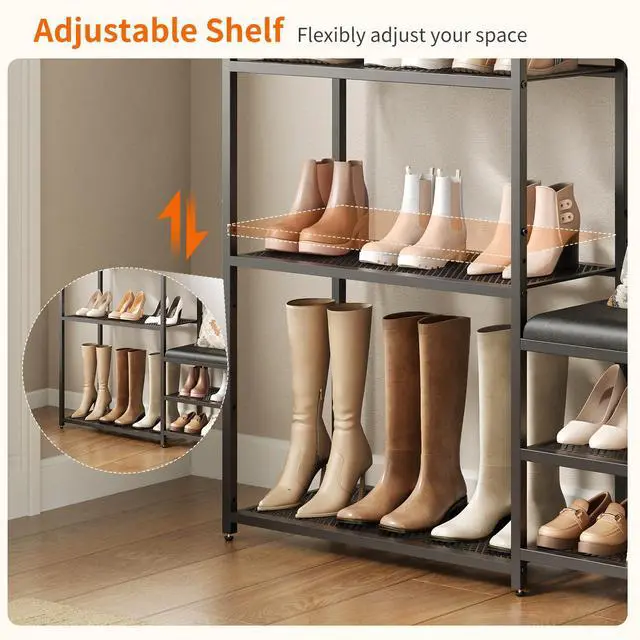 Alt view image 6 of 7 - Shoe Rack for Entryway, 5-Tier Shoe Organizer Bench with Cushioned Seat and 2 Drawers, Metal Frame, Wood Top, Adjustable Feet, Holds 16-20 Pairs, Shoe Shelf Stand for Closet, Hallway, Front Door
