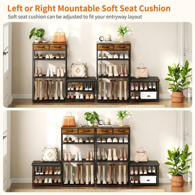 Alt view image 7 of 7 - Shoe Rack for Entryway, 5-Tier Shoe Organizer Bench with Cushioned Seat and 2 Drawers, Metal Frame, Wood Top, Adjustable Feet, Holds 16-20 Pairs, Shoe Shelf Stand for Closet, Hallway, Front Door