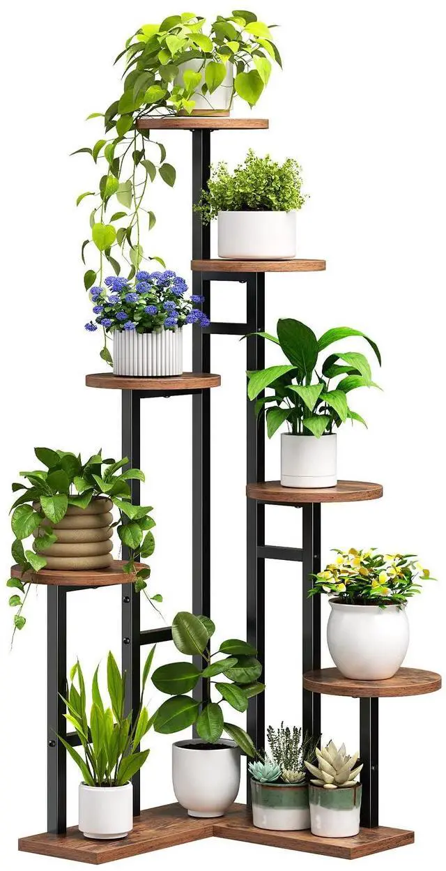 Main image of HOOBRO Corner Plant Stand Indoor, 7-Tier Plant Shelf for Multiple Indoor Plants, Corner Plant Rack Organizer, Round Flower Stand, for Living Room, Balcony, Patio, Rustic Brown and Black BF02HJ01